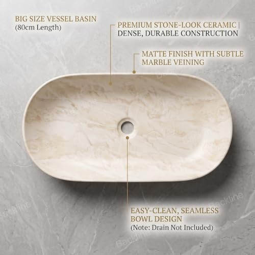 Image of Backline Ceramic 31.5 Inch Table Top Wash Basin | Big Size Basin | Counter Top Basin For Bathroom & Living Room 31.5 X 15 X 5 Inches (Matt Beige Marble Finish)(5 years warranty)