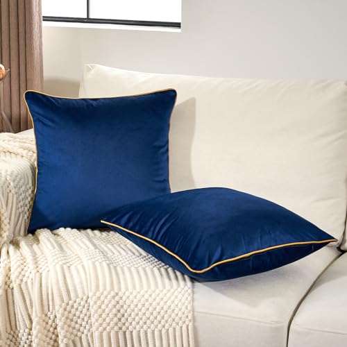 Aeckself Pack of 2 Navy Blue Velvet Pillow Covers 20 x 20 Inch, Modern Luxury Decorative Pillowcase with Gold Trim Edge, Comfortable Soft Solid Cushion Case for Couch Bedroom Living Room