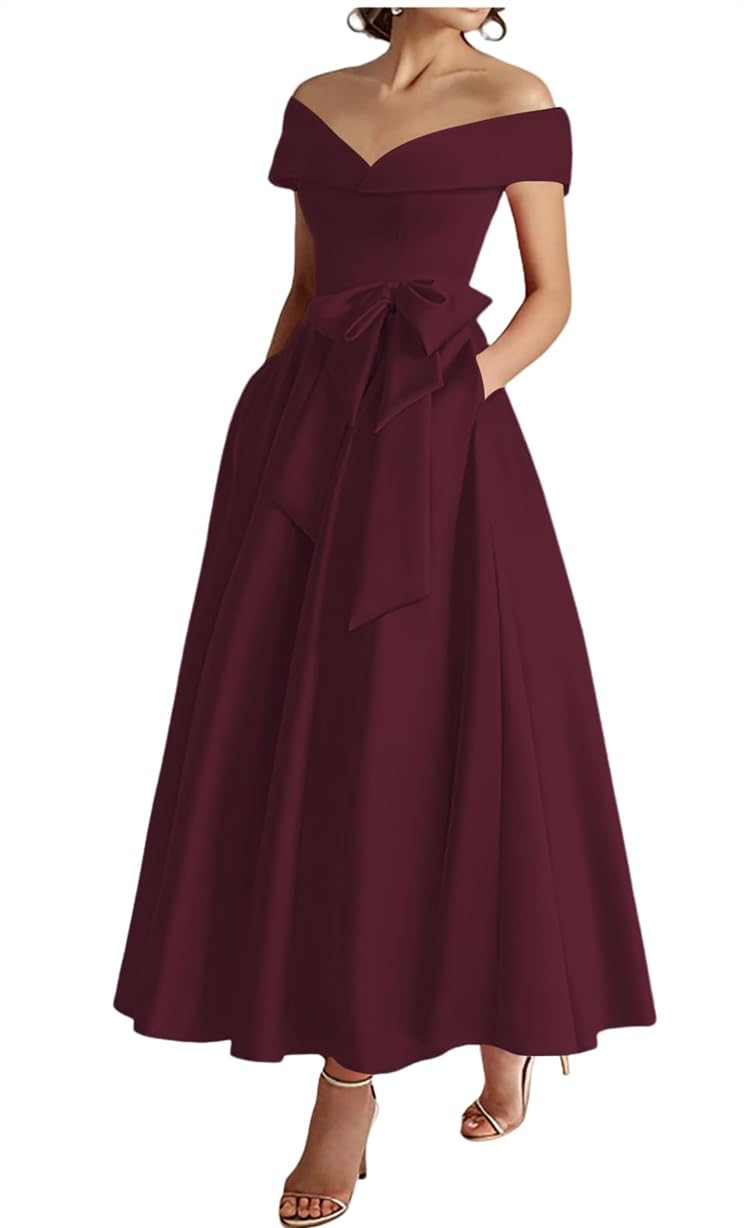 WSEYU Satin Mother of The Bride Dresses for Wedding Guest Off Shoulder Maxi Formal Evening Gown Tea Length ZM289 Burgundy UK24