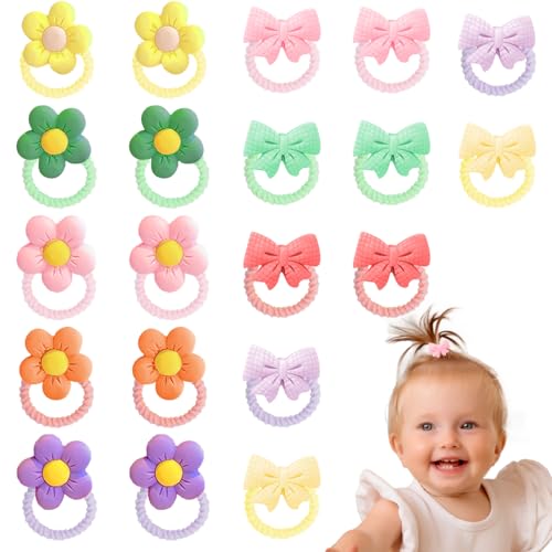 Pack de 20 gomas para el pelo bebé, accesorios elásticos con lazos y flores para niñas, bebés y niños pequeños