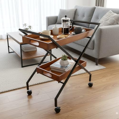 عربة تقديم قهوة وخدمة متعددة الاستخدامات بعجلات – تصميم خشب ...