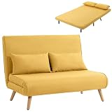 HOMCOM Sofá Cama de 2 Plazas Plegable 3 en 1 Tapizado en Lino Amarillo