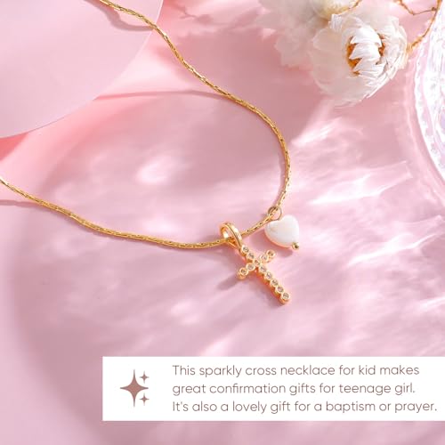 Delicate Cross Necklace for Girls : Gold Plated Pearl Heart Cubic Zirconia Cross Chain Necklace Christening Jewelry Baptism First Communion Confirmation Easter Gifts Teen Kids Little Girl4