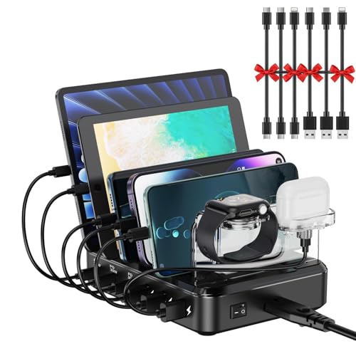 Estación de carga rápida USB-C de 6 puertos para iPhone y tablet con organizador familiar