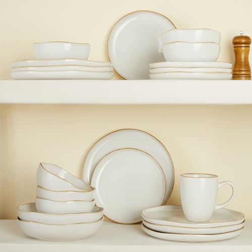 Image of 24 Pieces Dinnerware Set for 6 with Pasta Bowls, Complete Ceramic Dish Set, Stackable & Glossy Stoneware Plate and Bowl Set for Effortless Everyday Hosting, White