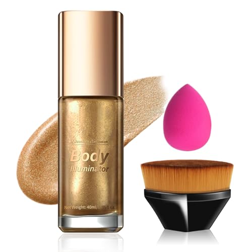 Body Shimmer Oil Liquid Bronzer Body Glitter Oil Smooth Moisturizing Shimmer Lotion Long Lasting Liquid Highlighter with Makeup Brush (Glistening Bronze,40 ml)