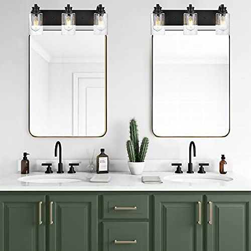 Image of 3 Lights Black Vanity Light Fixtures Over Mirror with Seedy Glass Shade,Industrial Wall Mount Lamp Metal Bathroom Lighting