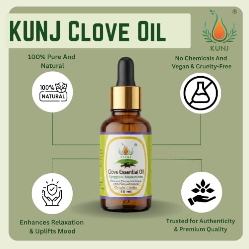 Image of KUNJ Clove Essential Oil 10ml - 100% Pure & Natural Undiluted | Clove Oil for Skin Care, Hair Growth & Scalp | For Diffuser, Aromatherapy, DIY Candle & Soap Making | Therapeutic Grade