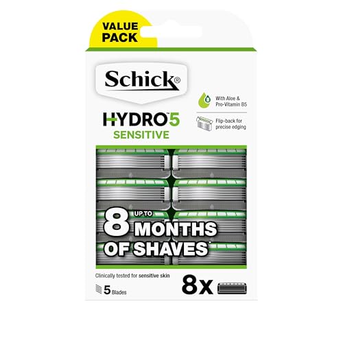 Schick - Hydro 5 Sensitive for Men | Sensitive Razor Blade Refills | 8 Pack | Hydrating Gel Pools | Aloe & Pro-Vitamin B5 | 5 Blade Cartridges with Skin Guards