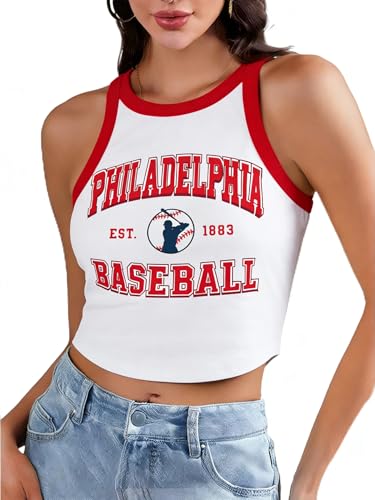 VILOVE Baseball Crop Tank Tops for Women Baseball Mom Shirts Casual Philadelphia Baseball Sleeveless Tops Workout Sport Vest