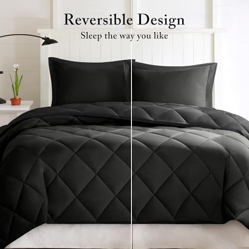 Image of Madison Park Comforter Set, Reversible Down Alternative All Season Microfiber Bedding, 3M Scotchgard Stain Release, King Dorm Comforter, Black /Black