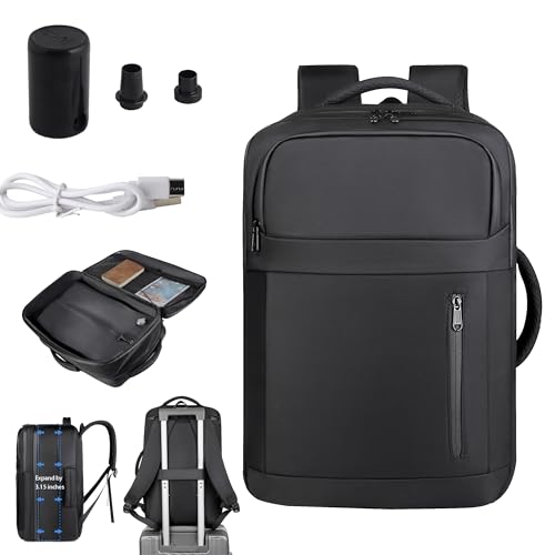 Vacuum Seal Travel Backpack with Built-In Electric Pump - Expandable 40L-60L Carry On Backpack, TSA Approved 17-inch Laptop Bag, Water-Resistant Weekender Business Bag for Men & Women - Black
