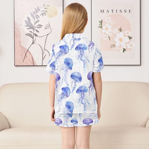Watercolor Charming Jellyfish Pattern Summer Satin Pajama Set, Cute Button-Down Sleepwear Pj Set for Sleep Wears4