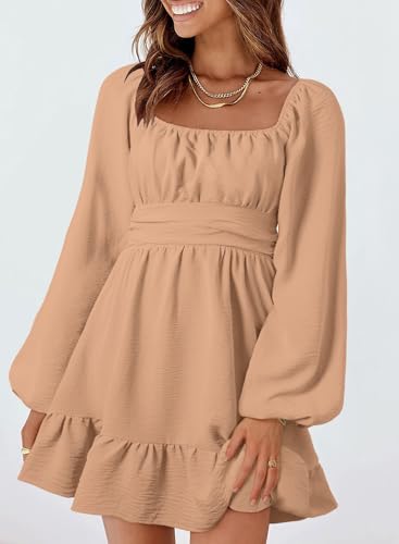 Image of Dokotoo Womens Dress Long Lantern Sleeve Square Neck Tie Backless Sexy Dress Ruffle Elastic Waist A-Line Mini Dress