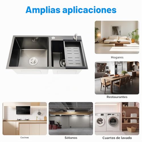 Fregadero doble de acero inoxidable diseño elegante color negro mate minimalista 7