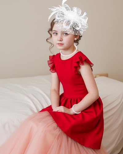 Girls Tea Party Fascinators Hats with Lace Gloves Pearl Necklace Earring Jewelry for Tea Party Wedding Accessories3