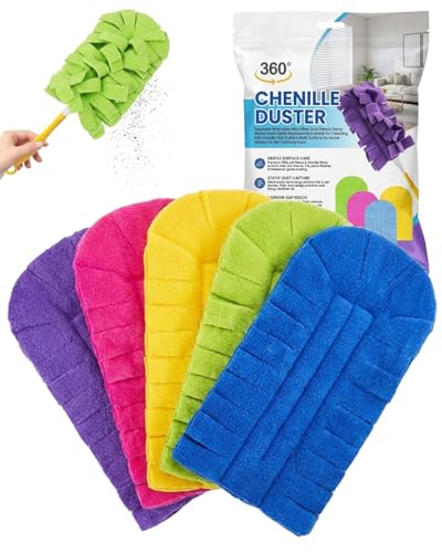 Chenille Duster Reusable Washable Microfiber Dust Fleece Damp Duster Pads Refills Replacement Heads for Cleaning with Handle Flat Dusters Multi Surface for Home Blinds Car Pet Furniture Fans