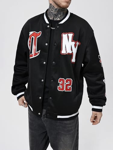 Image of SOLY HUX Men's Varsity Jacket Letter Graphic Long Sleeve Baseball Bomber Jacket with Pockets Black Letter Small