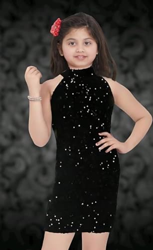 Image of Nancy CREATIONN Girls Velvet Embroidered Round Neck Mini Sleeveless Casual Dress (Black)