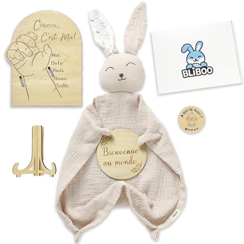 Coffret Cadeau Naissance Bébé Original - Doudou Lapin -Jour/Nuit -100% Coton Bio GOTS & OEKO-TEX® - 3 Cartes Jalons Souvenirs en Bois - Idée Cadeau Baby Shower - Mixte Nouveau-Né Fille Garçon-BLIBOO