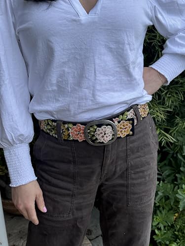 Peruvian Embroidered Belt for Women, Wool, Handmade, Fair Trade - Vintage Blossom Black Base3