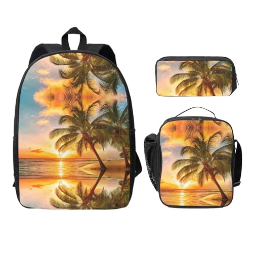 Sac à dos léger noir contre le mal de dos avec trousse et boîte repas imprimé tropical