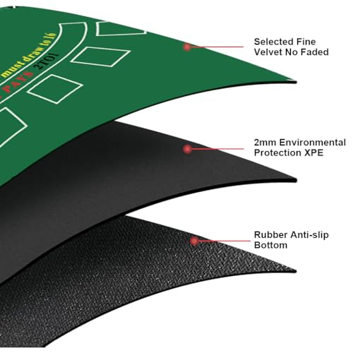 Image of PATPAT Blackjack Poker Table Mat 70.8x35.4 inches Standard Green Smooth Blackjack Table Mat with 7 Betting Boxes Anti-Slip Poker Mats
