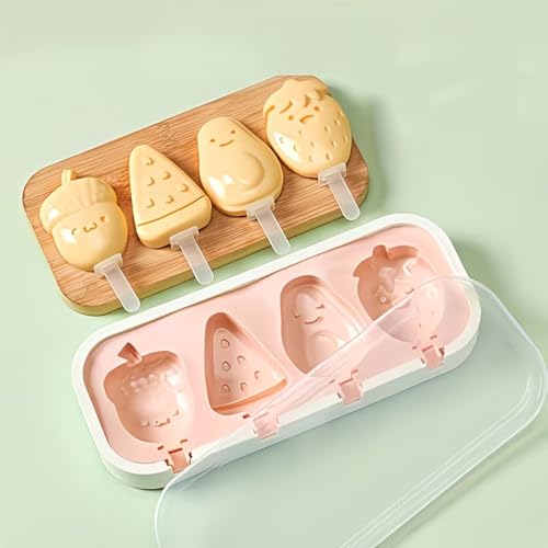 Image of 4 Fruit Shape Cavity Non-Stick Silicone Ice Cream Mould with Lid & 6 Plastic Sticks Reusable Ice Lolly, Frozen Candy, Kulfi Molds, BPA-Free Stackable DIY Icecream Popsicle Maker (Multicolor)