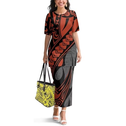 Image of Puletasi Samoan Traditional 2 Piece Outfits for Women Short Sleeve Crop Top and Maxi Skirt Sets Puletasi Dress
