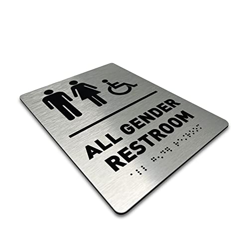 All Gender Restroom Sign by GDS - ADA Compliant, Wheelchair Accessible, Raised Icons, & Grade 2 Braille - Includes Adhesive Strips for Easy Installation - 6" W x 8" H (Brushed Aluminum)