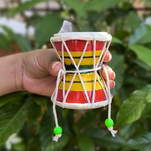 Image of HICKORY Handmade Damru - Traditional Indian Hand Percussion Musical Instrument for Pooja, Home Decor & Kids Toys