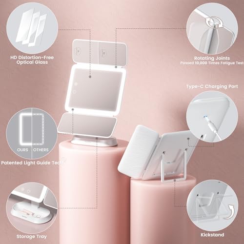 7X/5X/1X Lighted Makeup Mirror with Magnification, 360° Rotation & Detachable Travel Makeup Mirrors with 100 Led Lights, Portable Trifold Light Up Magnifying Mirror with 3 Lights Colors for Desktop - Image 6