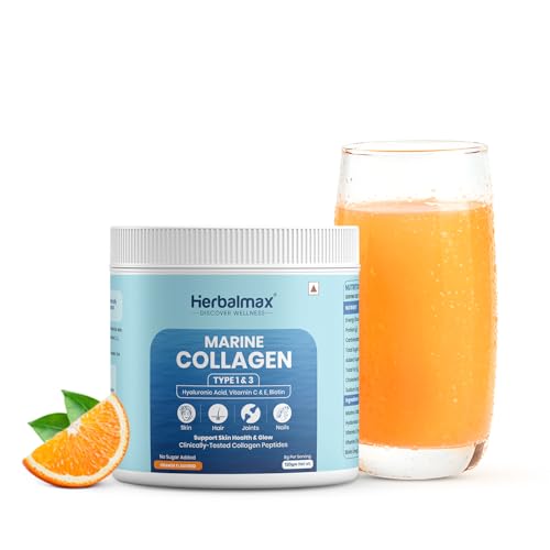 Image of Herbalmax Hydrolyzed Marine Collagen Supplements 120g With Hyaluronic Acid, Vitamin C & E, Biotin | Supports Healthy Skin, Hair, Nails, Bones & Joints | Type I & III Collagen