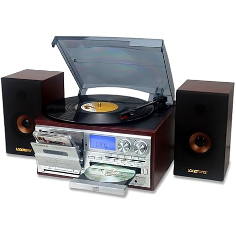 LoopTone Vinyl Record Player with Dual 15W External Speakers 10 in 1 3 Speed Bluetooth Vintage Turntable CD Cassette Player AM/FM Radio USB Recorder Aux-in RCA Line-Out (Silver) Cover
