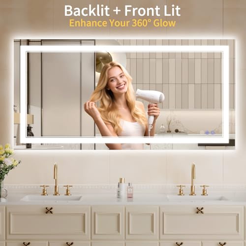 Image of 24 inchx48 inch LED Bathroom Mirror with Lights, Anti-Fog, Backlit + Front Lit, Dimmable, Led Vanity Mirror for Wall, Lighted Bathroom Mirror, 3 Colors, Shatter-Proof Tempered Glass