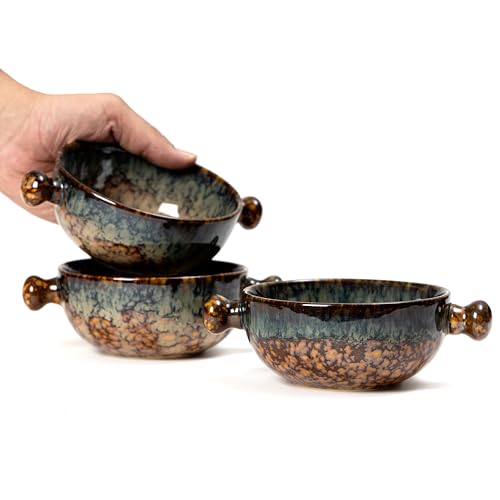 Image of Beyond Homes Ceramic Snack Bowl with Handle, 18 cm | Microwave & Dishwasher Safe Ceramic Serving Bowl for Pasta, Soup, Snacks | Matte Finish, Set of 1 (Abstract Brown, 500 ml)