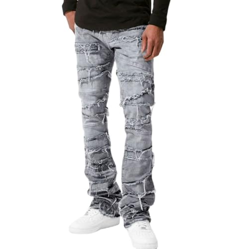 Jeans Pants Trouser Denim Straight Tube Street Trendy Piercing Hairy Wash Elastic Patch Personalized for Men