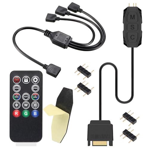 Contrôleur ARGB avec Télécommande, Hub RGB 5V 3 Broches Alimenté par SATA, Contrôle 14 Touches pour Effets Lumineux, avec Câble Splitter ARGB 1 vers 3, Compatible...