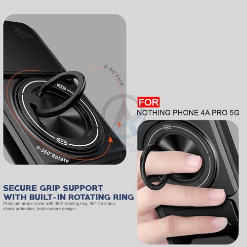 Image of AESTMO Nothing Phone 4A Pro 5G Back Cover | Armor Camera Slider 360 Degree Rotating Finger Ring Holder Case with Bracket Stand & Camera Protection Back Case Cover for Nothing Phone 4A Pro 5G (Black)