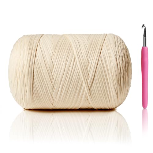 Image of 800G(228YDS) Tshirt Yarn for Crocheting,Chunky T-Shirt Yarn for Beginner Crochet Bags,Baskets,Coasters,Shoes,Clothes,DIY Crafts, Elastic Fabric Thick Hand Knitting(Beige)