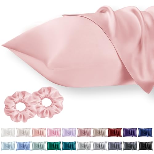 Vielit Queen Satin Pillowcase for Hair 2pc,Similar to Silk Pillow Cases,Easier Care Than Silk Pillowcase,Gifts for Women Men,Coral,20x30 & Envelope Closure and 2 Satin Scrunchies