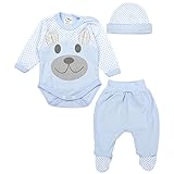 Tolles Baby Bekleidungsset für Mädchen und Jungen: Langarmbody, Strampelhose mit Fuß und Babymütze mit elastischem Bund