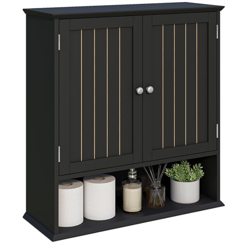 Image of Viaozutis Over The Toilet Bathroom Wall Cabinet with 2 Doors & Open Shelf – Space Saving Medicine Cabinet, Wooden Wall Mounted Storage Cupboard for Bathroom Organization Black