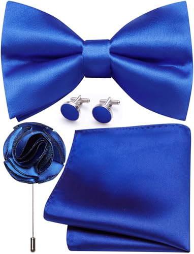 Image of Solid Color Bow Ties for Men Silk Pre-tied Tuxedo Bowtie Set 4PCS | Pre-tied in 3 seconds,adjustable 4PCS bow tie and pocket square cufflinks lapel pin set,wedding,formal,party,prom,graduation