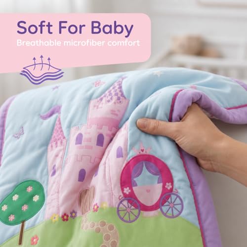 Image of EVERYDAY KIDS 4 Piece Girls Crib Bedding Set -Princess Storyland - Includes Quilt, Fitted Sheet, Dust Ruffle and Diaper Stacker - Nursery Bedding Set - Baby Crib Bedding Set