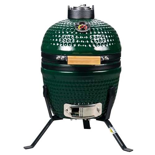 13 inch Ceramic Kamado Egg Grill | Portable Tabletop Charcoal BBQ Grill Smoker for Outdoor Cooking Patio Camping (Green)