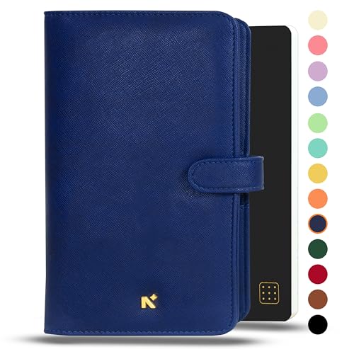 Image of NEORAH-PETITE Notebook SLEEVE with SNAP Button + Dotgrid JOURNAL|Faux Leather Sleeve + Penloop|2Front 1Back compartment|4 CardSlots|2 BookMarks|Gift Box- Fits any PETITE Softcover Notebook- DARK BLUE