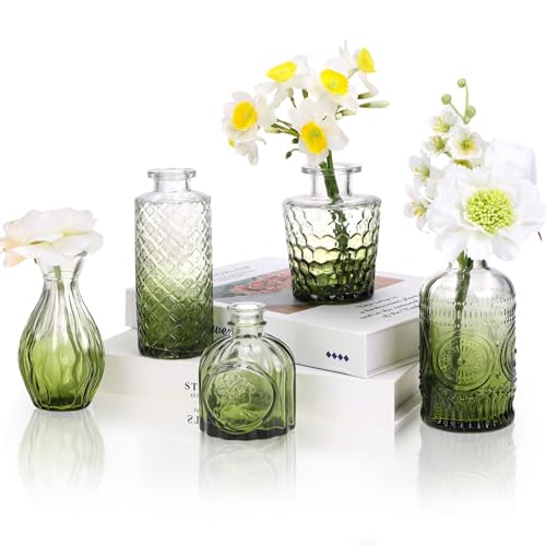 5pcs Green Glass Bud Vase Set, Small Flower Vases for Centerpieces in Bulk, Mini Vintage Vase for Home, Wedding, Table Decor