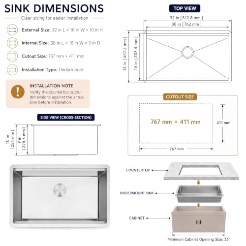 Image of LQS 32 Inch Stainless Steel Undermount Kitchen Sink, 304 Stainless Steel Single Bowl Workstation Sink, Kitchen Sinks with Sapele Wood Cutting Board and Accessories, 32 inch x 18 inch
