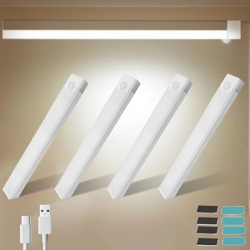 4 PCS 11.8in Punch-Free Smart Sensor Magnetic Rechargeable Led Lights Motion Sensor Light Indoor USB C Rechargeable Closet Under Counter Lighting for Kitchen Cupboard Wardrobe